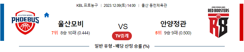 12월09일 KBL 울산모비스 안양정관장 국내농구분석 스포츠분석