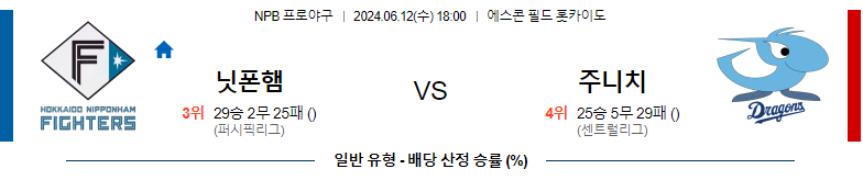 6월11일 NPB 닛폰햄 주니치 일본야구분석 스포츠분석